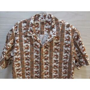 M-AAA made in Hawaii men's button front L large Hawaiian shirt palm trees brown